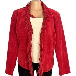 Vintage Y2K Genuine Red Genuine Sueded Leather Fringe Tassel Jacket Unique
